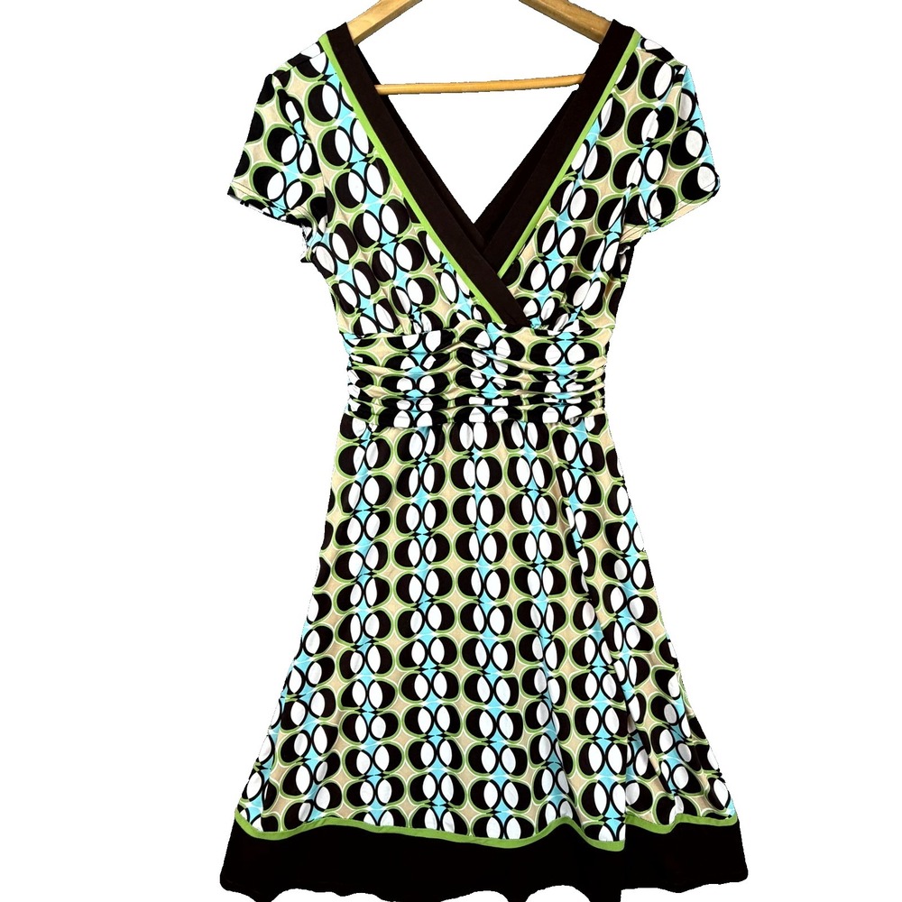 Sandra Darren A Line Dress Women 8 Multicolor Abstract Print Ruched Waist V Neck